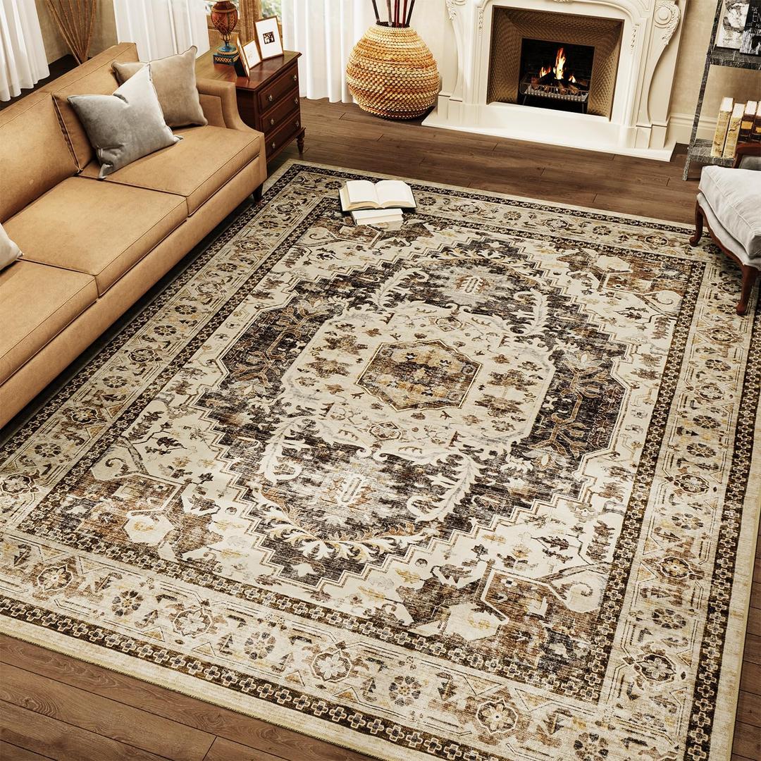 Brown Washable 8x10 Area Rugs for Living Room Rug Bedroom Rug-Carpet Neutral Moody Vintage Traditional Dining Room Rugs Office Soft Comfortable Non Slip (Dark Brown-medallion)