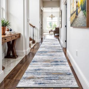3x9 Washable Runner Rug for Family: Easy-to-Clean Runners for Hallway Entryway Kitchen Bedroom - Stain and Water Resistant Rugs with Non-Slip Backing - Soft Low-Pile Carpet, Navy Grey