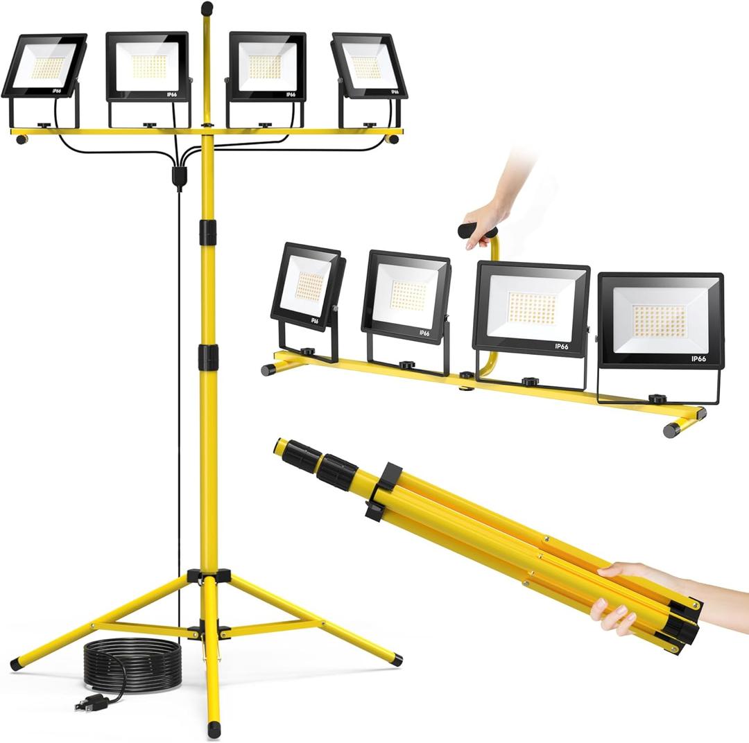 TOPRATED Plug in Led Work Light with Stand,28000 Lumen 110V 4 Adjustable Head Outdoor Flood Lights,Foldable Mechanic Light with 16.5Ft Power Cord,Portable Waterproof Tripod with Lamp for Workbench