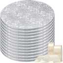 12 Pack 10 inch Cake Drum Round 3mm Thick Silver Cake Board with 2 Roll 1.6/1 in Satin Ribbon Sturdy Greaseproof Wooden Base for Wedding Birthday Party Multi Tiered Bakery Display (Silver)