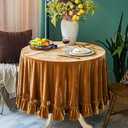 GLORY SEASON Velvet Tablecloth Luxurious Solid Round Table Cloth,Oblong Retro Farmhouse Ruffle Tablecloths Washable Table Cover for Party Wedding Baby Shower Kitchen Dinning Tabletop Decoration, Golden Caramel