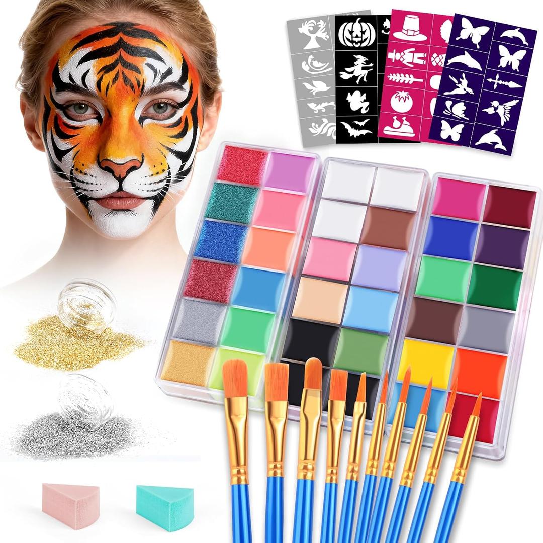 VESPRO Face Painting Kit For Adult Party,32 Colors Professional Oil Face&Body Paint Kit with 10 Brushes 4 Reusable Face Stencils,2 Glitters and 2 Sponges for Adults Halloween Makeup