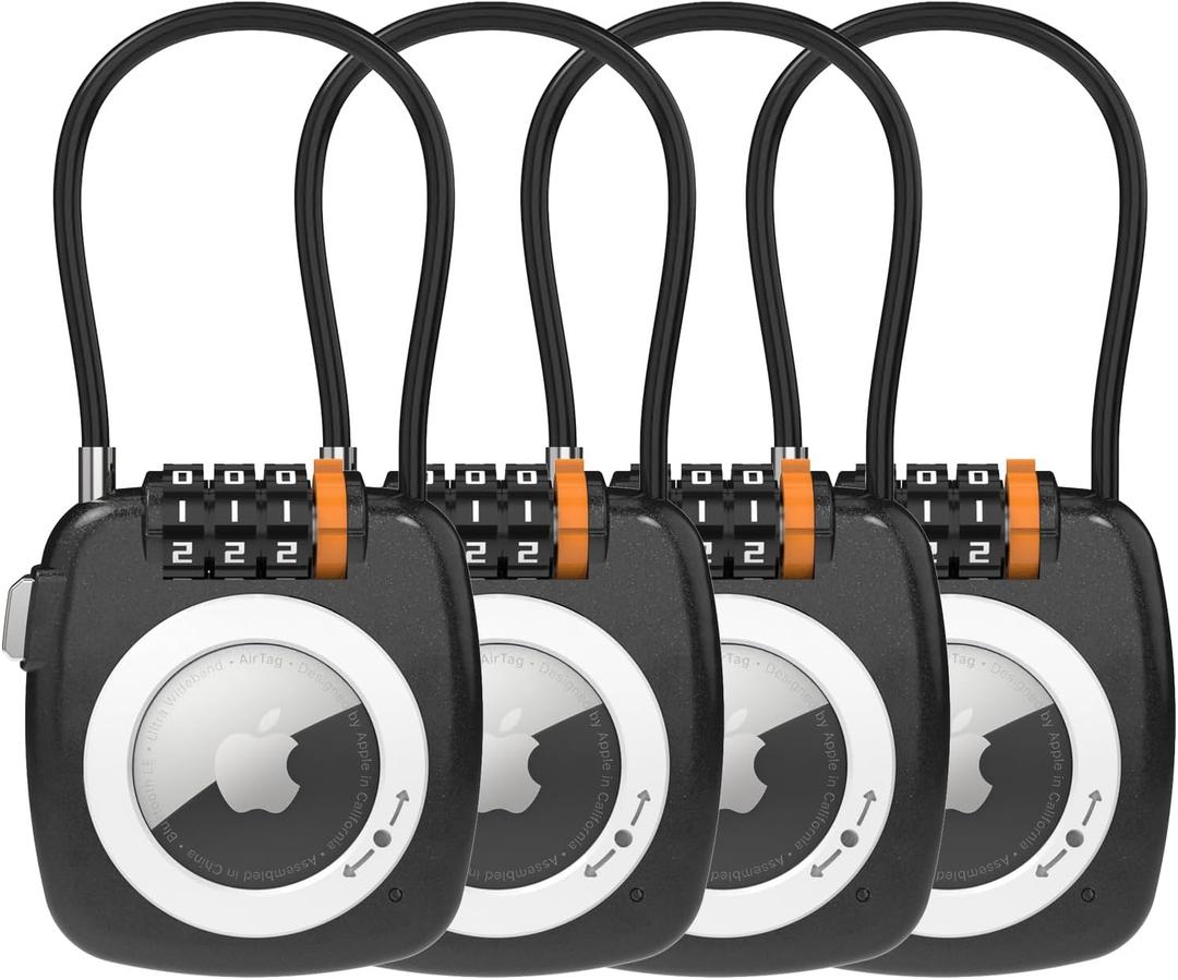 TUXON Compatible with Apple AirTag Secure Lock with Wire Cable, 3-Digit Combination Luggage Locks, Alloy Body Ultra Durable Anti-Lost Protective Case for Luggage, Suitcase (Black*4)