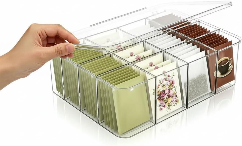 16 Compartment Acrylic Tea Bag Organizer with Lid - Stackable Clear Storage Box for Countertop, Pantry & Cabinet | BPA-Free Dustproof Container for Tea Packets, Coffee Pods, Sugar & Condiment Packets