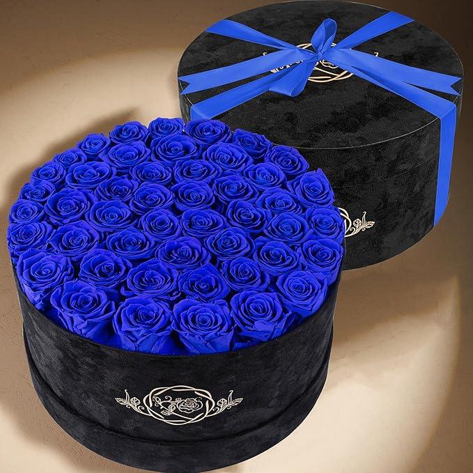 Prifroti 47 Roses in a Luxury Suede Box, Preserved Flowers for Women, Mothers Day Flowers for Mom, Blue