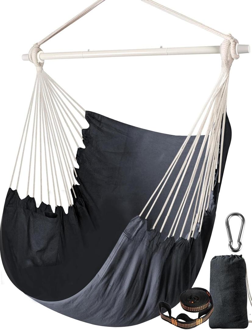 Hammock Chair Swing - Strong Metal, Collapsible, Portable, Max 500 lbs, Comfy Seat, Patio & Lawn, Cotton Blended, Indoor/Outdoor