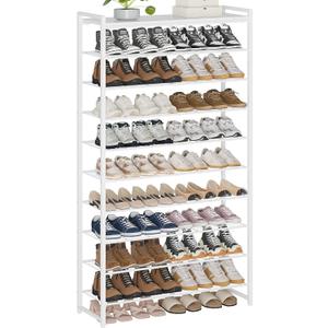 10 Tier Shoe Rack Organizer for 40-50 Pairs, Tall Metal Shoe Storage Shelf with Wood Top, Adjustable Boot Space, Narrow Design for Entryway Closet,White