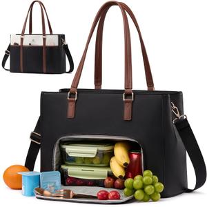 LOVEVOOK Lunch Bag for Women, Leather Laptop Tote Bag with Insulated Lunch Compartment for Work, Office (15.6 inch, Black-white-brown)