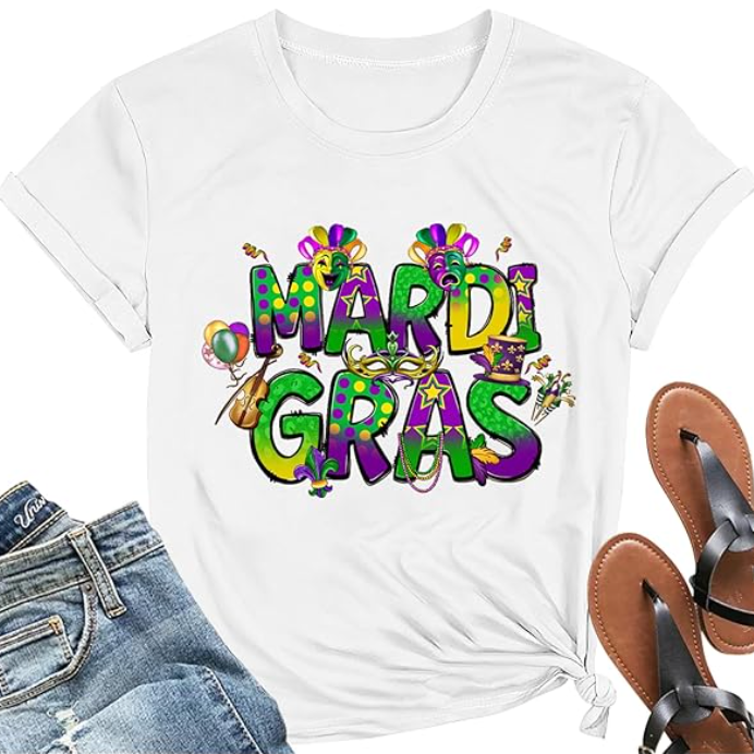 Mardi Gr Shirts for Women - Fat Tuesday T-Shirt Carnival Theme Party Tee Tops, Small