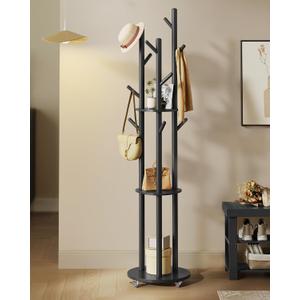 VASAGLE Freestanding Coat Rack Stand, with Wheels, 11 Hooks, 3 Shelves