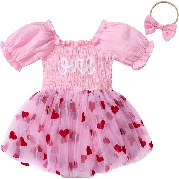 grehava Baby Girl Clothes 612 Months Heart Floral Print Babies Grils 1st Birthday Outfits With Headband Tulle Tutu Dress For Newborn Short Sleeves, Size 12M