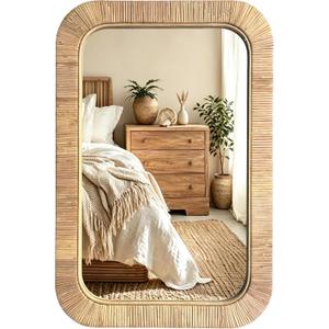 Decorative Rattan Wall Mirror, Boho Bathroom Modern Makeup, Rustic Wall Bohemia Mirrors for Bedroom, Living Room, Vanity Versatile Farmhouse, Nursery, Bathroom (Rectangular 30“x20”, X Small)