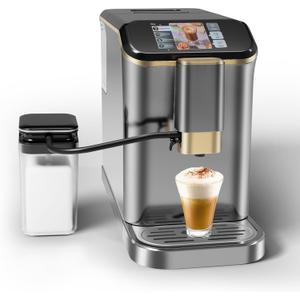 Super Automatic Espresso Machine 20 Bar With Milk Frother, Fully Automatic Bean to Cup Espresso Cappuccino and Latte Iced Coffee Maker Built-In Burr Grinder, Milk Container, Intuitive Touch Display