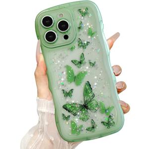 UEEBAI Wave Butterfly Case for iPhone 15 Pro Max Case, Pretty Bling Star Butterfly for Women Cute Shiny Glitter Phone Cover for Girls Bling Clear Cover Curly Shockproof Girly Shell - Green