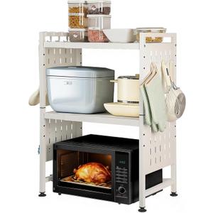 Expandable Microwave Stand Countertop, 3 Tier Heavy Duty Over Microwave Shelf Countertop with 4 Hooks, Height Adjustable Metal Microwave Oven Rack Shelf for Kitchen Tabletop,Holds 160lb,White