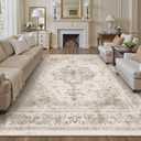 Area Rug 8x10 Beige Washable Living Room Carpet Non Slip Vintage Medallion Indoor Bedroom Carpet Low Pile Soft Retro Distressed Large Rug Home Office Dining Room Playroom