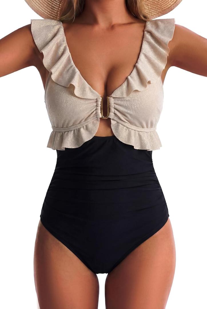 Women One Piece Swimsuit Tummy Control Ruffle Bathing Suit Cutout V Neck Swim Suit Ruched Slimming Swimwear (Black, M)