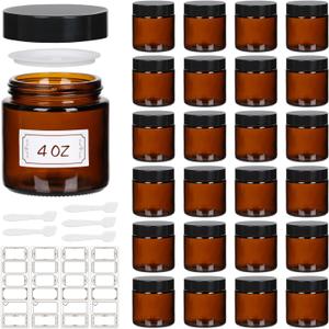24 Pack 4 oz Glass Jars with lids, Amber Cosmetic Jars with Inner Liners and Black Lids, Lotion Jars, Candle Making Jars for Lotions, Scrubs and Cosmetic, Lables and Spatulas Include