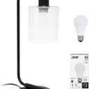 Simple Designs LD1066-BLK-LB Industrial Vintage Bronson Iron Lantern Desk Table Lamp with USB Port and Glass Cylinder Shade for Office, Living Room, Bedroom, Black, with Feit LED Bulb Included