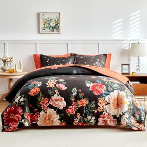 Joyreap 7 Piece Bed in a Bag King, Floral Comforter Sheet Set, Black n Orange Flowers Design, All Season Microfiber Bedding Comforter Set