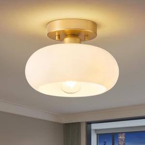 Mid-Century Modern Gold Semi Flush Mount Ceiling Light, Kitchen Ceiling Light Fixture with Glass Shade, Mini White Close to Ceiling Lamp for Entryway Hallway Bathroom (8.66 Inch)