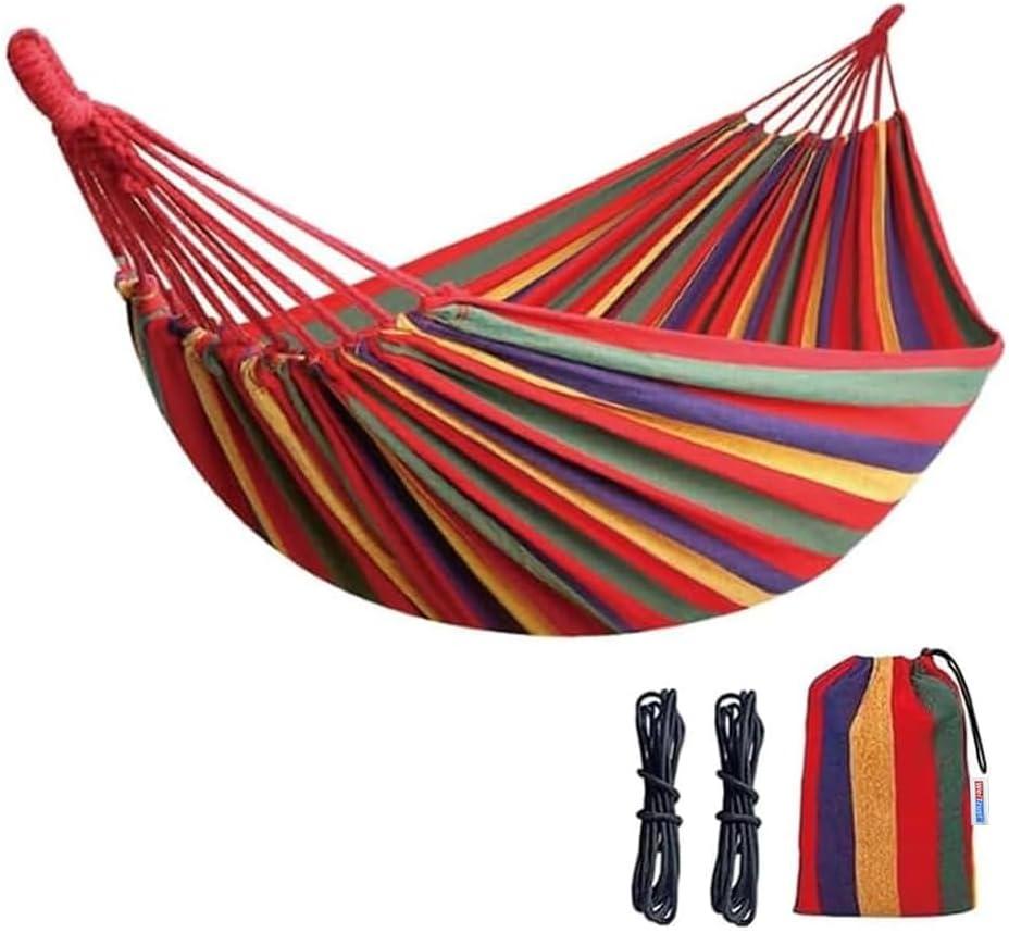 Cotton Canvas Hammock, Comfortable Fabric Camping Hammock with Tree Straps, Up to 440lbs with Travel Bag for Camping Outdoor/Indoor Patio Backyard(Rainbow, Without bar)