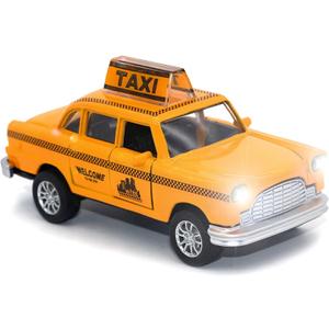 Diecast Yellow NYC Classic Checkered Taxi Cab 4.5" Pullback Toy Car with Flashing Lights and Sounds