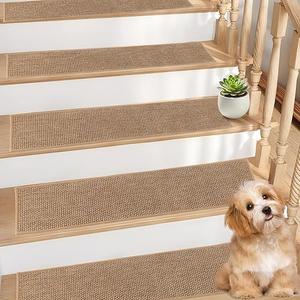 Szyeequoo Stair Treads Non Slip,Stair Treads for Wooden Steps Indoor,15 Pcs 8*30inch Stair Treads,Reusable Adhesive Stair Runner for kids&Dogs,Surface Polyester TPE Backing Carpet Stair Treads Brown