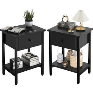 Nightstands Set of 2 with Drawers, Bedside Table Set of 2 with Storage Shelf, Heavy Duty End Side Table for Living Room Bedroom Small Space Sofa Couch, Wood Metal Night Stand, Easy to Assemble, Black, 11.8 inches x 15.8 inches x 22.3 inches