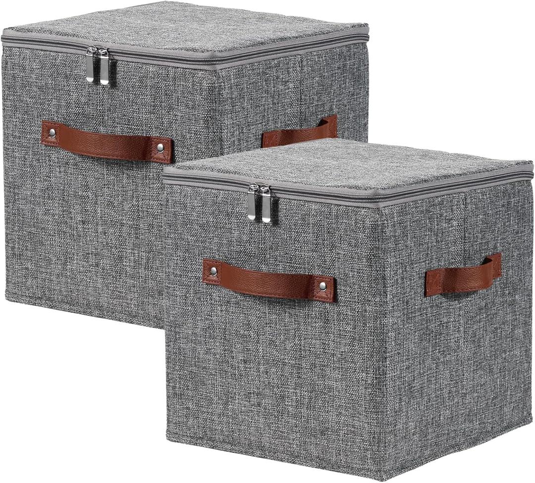 2PCS Storage Cubes with Lid Fabric Storage Bins Boxes PU Leather Handles Cotton Linen Closet Organizer Container Decorative Foldable Washable Shelf Cloth Basket (Zipper Lid, Gray, 11in)