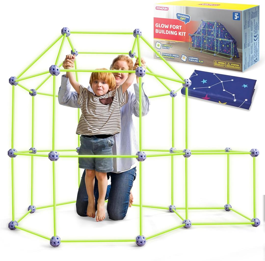 SYNCFUN Glow Fort Building Kit Indoor Outdoor for Kids, Glow in The Dark Creative Fort, DIY Castles Tunnels with Rods and Balls, STEM Construction Toys, Educational Gift for Boys and Girls Aged 3-12