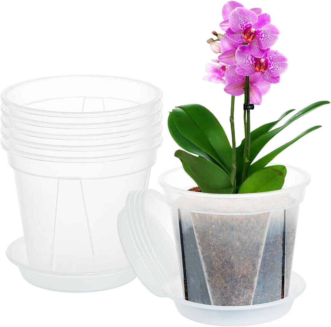 Plant Pots 7 Inch Set of 6, Clear Plastic Nursery Pot with Drainage Holes and Saucers, Flowers Planter for Indoor Outdoor Plants