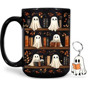 Hyturtle Cute Ghost Read Book Mug - Black Coffee Cup Ceramic Mug 15 Oz And Keychain - Book Gifts For Women Lover - Bookish Gift For Bookworm Librarian - Inspirational Librarian Present For Halloween