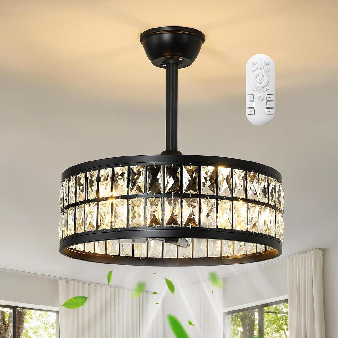 KAISITE Black Caged Ceiling Fan with Light and Remote Control 19" Bladeless Crystal Modern Fandelier Semi Flush Mount Farmhouse Chandelier Ceiling Fan for Kitchen Bedroom Dining Room, Large