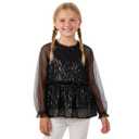 Girl Sequin Mesh Bloues Sparkle Ruffle Collar Long Sleeve Shirts Tops Black