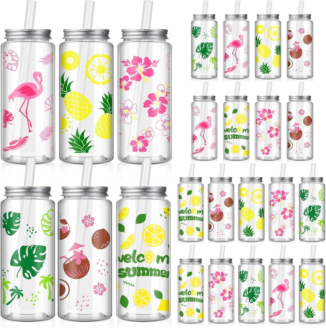24 Pcs Summer Plastic Cups with Lids and Straws,Hawaii Reusable Cups 13.5 oz Plastic Tumbler for Summer Birthday Party Supplies