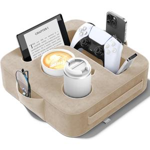 Couch Cup Holder Pillow, Sofa and Bed Caddy for iPad, Kindle, Switch, Game Controller, Remotes, Phones, Small-Sized Cup and Drink Holder for Couch, Bed, Desk, Car, Beach, Bathroom Cup Holder, Khaki