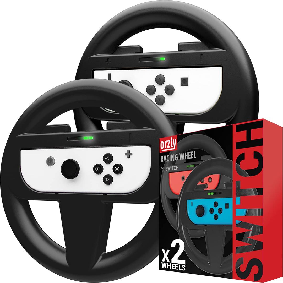 Orzly Steering Wheels for Nintendo Switch & OLED Console JoyCons, Racing Wheels for Mario Kart 8 Deluxe [Mariokart Switch Steering Wheel Joycon Controller Attachment Accessories]-TWIN PACK [2X Black] (6.2 inch Switch 1)