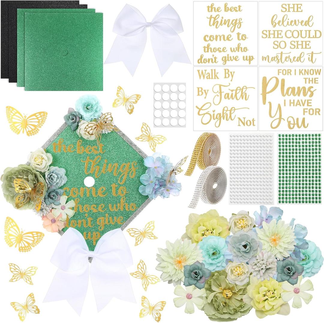 Gersoniel 42 Pcs DIY Graduation Cap Decorations Kit Include Faux Flower Heads Graduation Quote Glitter Sticker Bow 3D Butterfly Rhinestone Pearl Stickers for Grad Cap Topper Decor(Green)