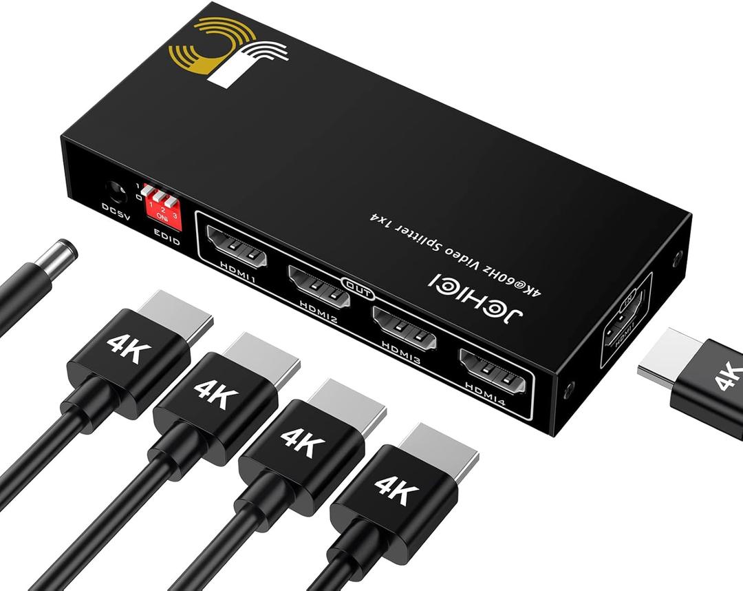1x4 HDMI Splitter 4K@60Hz 4:4:4 | EDID Management | Works with Xbox/PS5/PS4/Nintendo Switch/Blu-Ray Player | Dual Monitor Setup for Gaming/Home Theater/Office (1 Input, 4 Outputs)