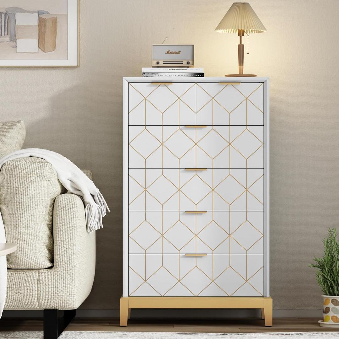 HLR 6 Drawer Dresser for Bedroom,Modern Wood Chest of Drawers with Gold Trim, Tall Dresser Storage Tower,Large Capacity Organizer Unit for Closet, Living Room, Hallway, Entryway White