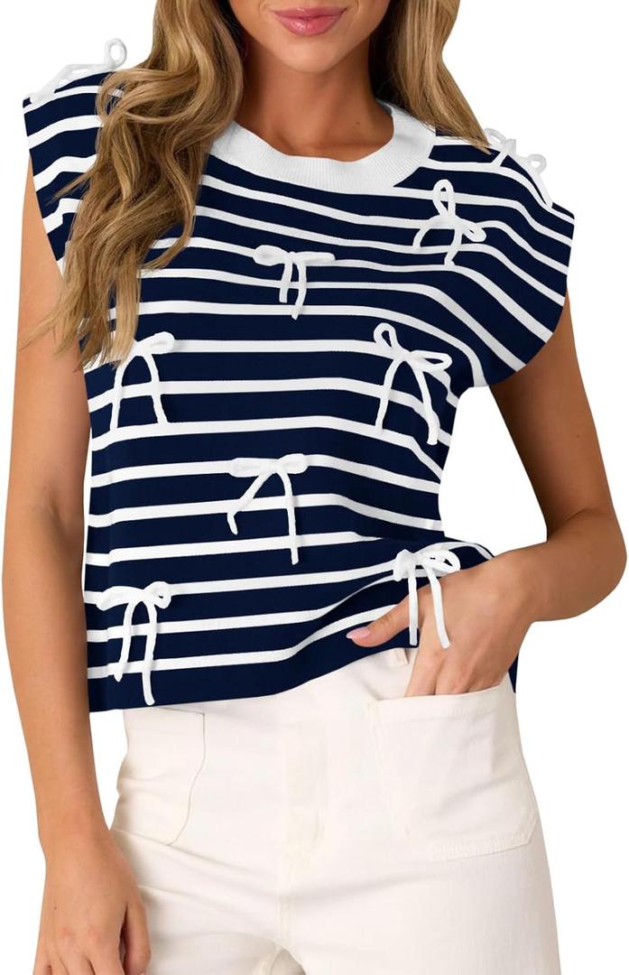 Saodimallsu Womens Striped Bow Top Cap Sleeve Summer Cute Crewneck Going Out Lightweight Knit Sweater Vest Tops (Small, Navy)