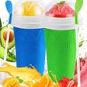 Slushie Cup, 2 Pack DIY Magic Slushy Maker Cup, Portable Frozen Slushy Cups for Juice Milk Yogurt Ice Cream Make, Reusable Smoothie Cup with Lid & Straw for Kids Family Friends (Blue+Green)
