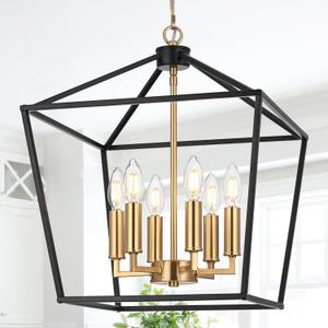 MELUCEE Black Lantern Pendant Light 6 Light Industrial Cage Chandelier with E12 Brass Candle-Shaped Base Rustic Geometric Hanging Light Fixture for Kitchen Island Foyer Dining Room