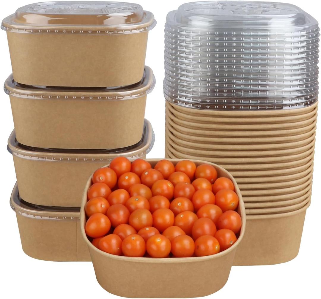 40 oz Disposable Kraft Paper Bowls with Lids, Food Containers Soup Bowls Party Supplies Treat Bowls 50 Pack
