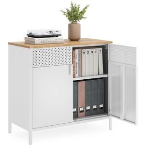 SONGMICS Storage Cabinet, Metal Cabinet, Sideboard with 2 Doors, 15.7 x 31.5 x 29.9 Inches, Magnetic Closure, Adjustable Shelf, Steel Frame, Natural Beige and White ULSC102W57
