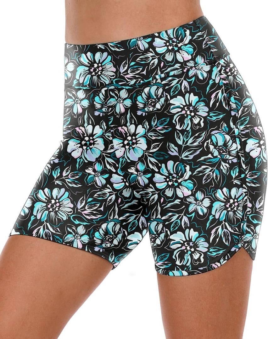 Yonique Womens Swim Shorts High Waisted Swim Bottoms Tummy Control Bathing Suit Bottom Boy Shorts (Blue, L)