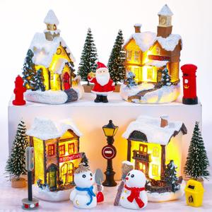 16 Pieces Christmas Village Set - Battery Operated Houses, Xmas Town Scene Desktop Ornament, Figurines, Accessories, Resin Buildings, Landscape Decor
