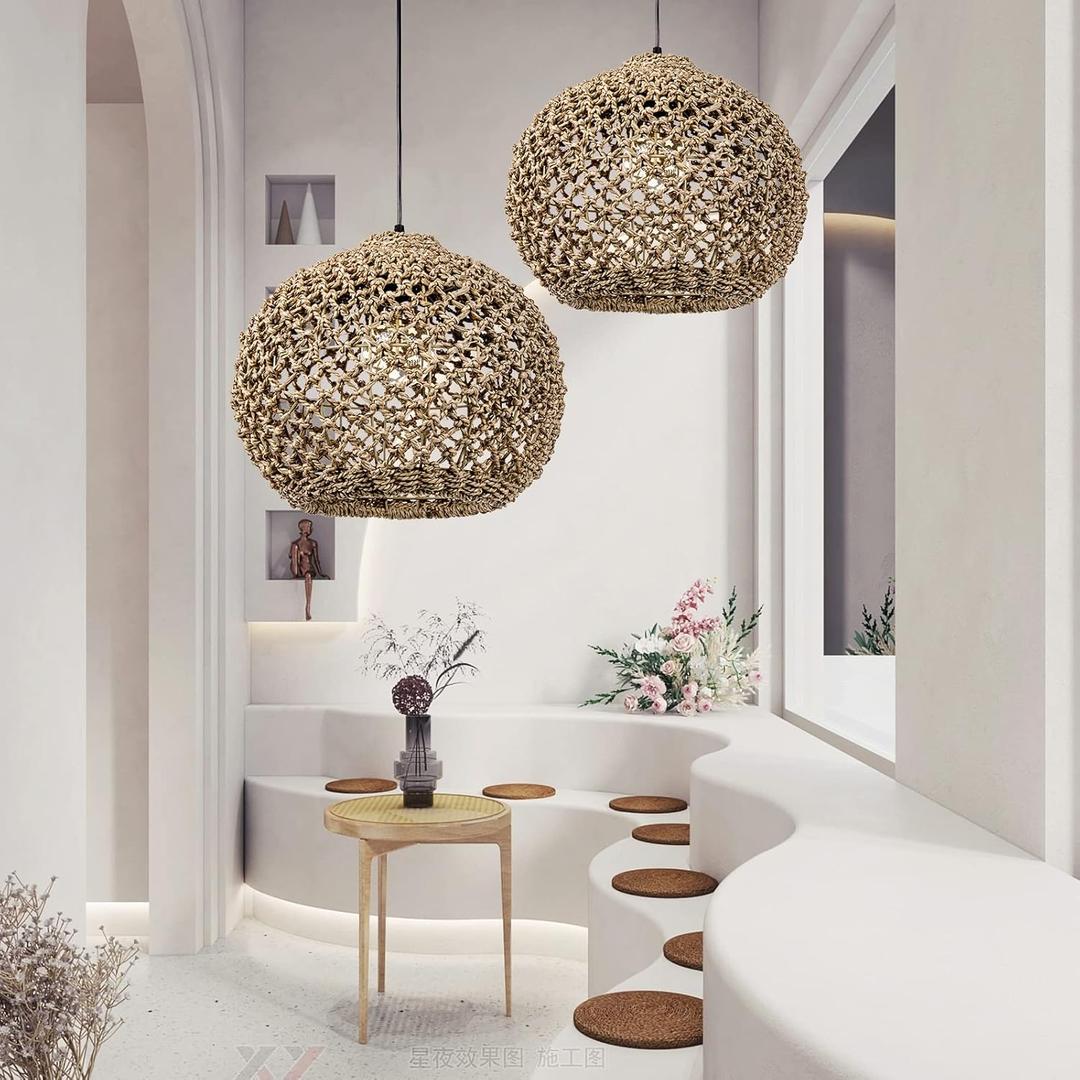 1 Light Seagrass Chandelier Rustic Kitchen Pendant, Woven Farmhouse Wicker Rattan Dining Room Ceiling Fixture, 16.53" W Handmade Hanging Light for Bedroom Living Room