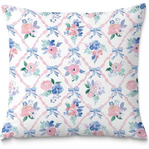 2 x Coquette Bow Pillow Covers 18x18, Coquette Room Decor, Preppy Pink and Blue Floral Pillow Covers, Preppy Room Decor, Girly Bedroom Decor, Coquette Stuff, Bow Room Decor